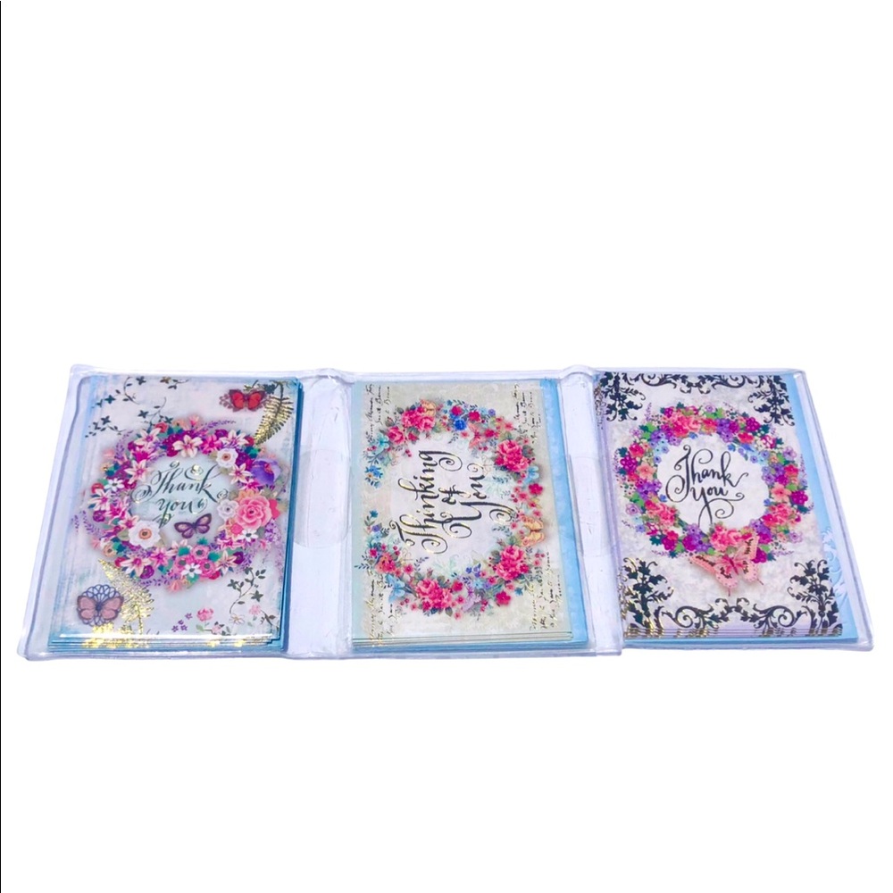 Punch Studio Floral Wreath Thank You Note Cards In TriFold Vinyl Sleeve (61609)
